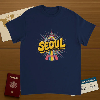 navy Seoul South Korea Unisex Travel T-Shirt on wooden background with world map, passport, and boarding pass
