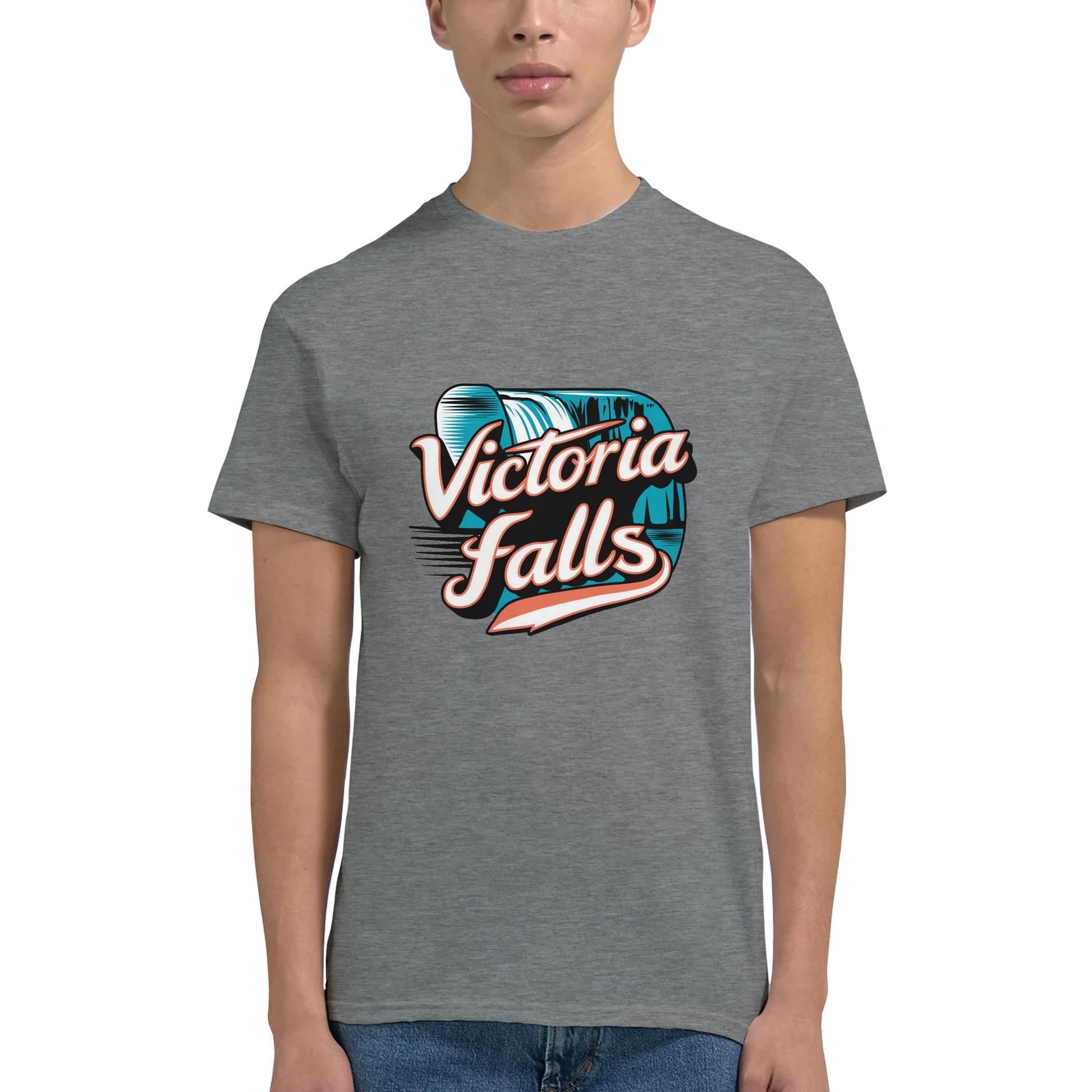 Victoria Falls Unisex Travel T-Shirt featuring a man perfect for travelers and gift seekers
