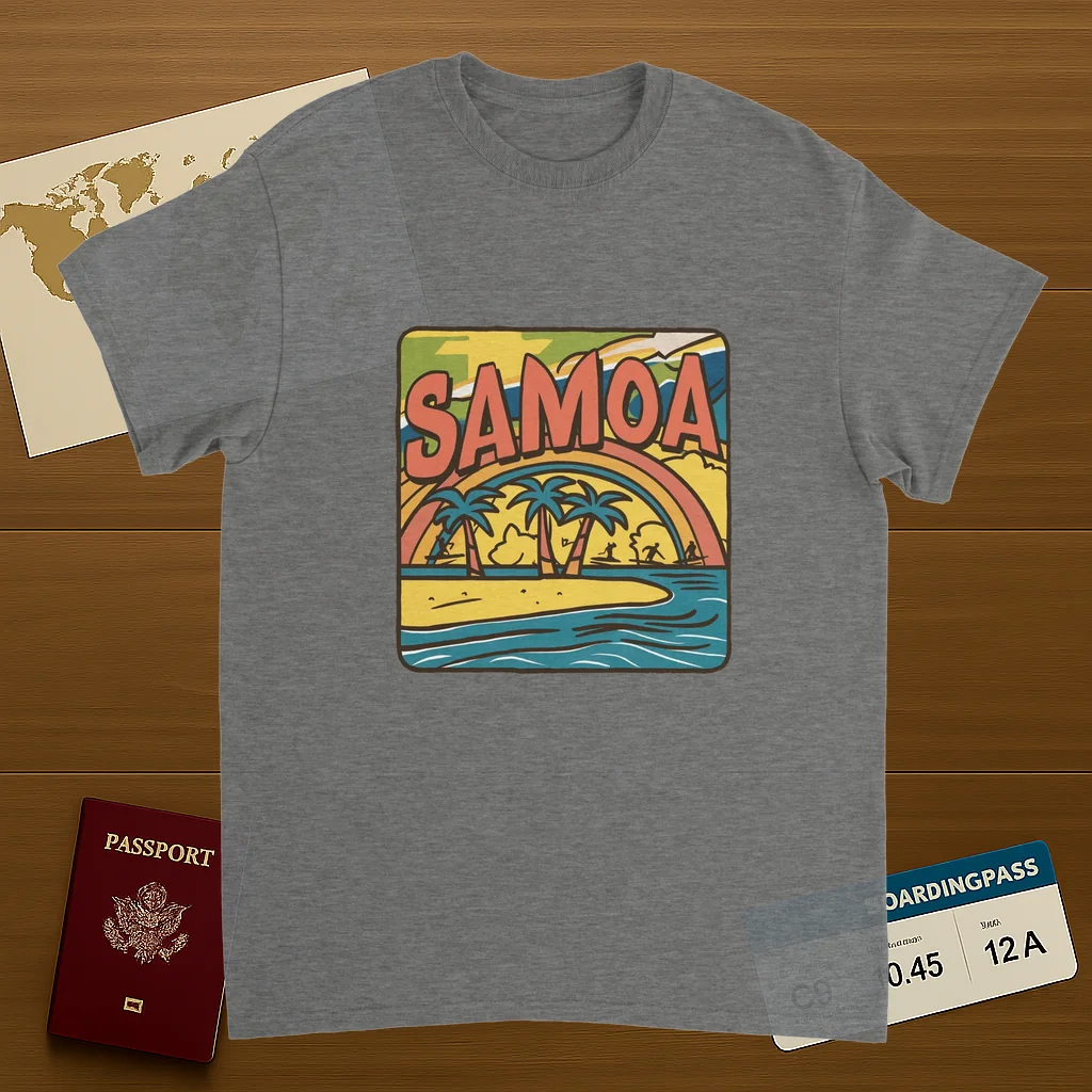 sport grey Samoa Unisex Travel T-Shirt on wooden background with world map, passport, and boarding pass