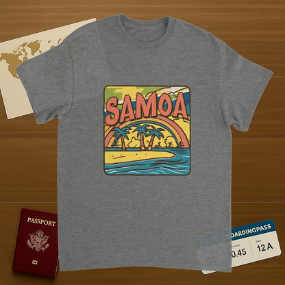 sport grey Samoa Unisex Travel T-Shirt on wooden background with world map, passport, and boarding pass