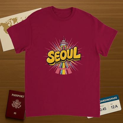 cardinal red Seoul South Korea Unisex Travel T-Shirt on wooden background with world map, passport, and boarding pass