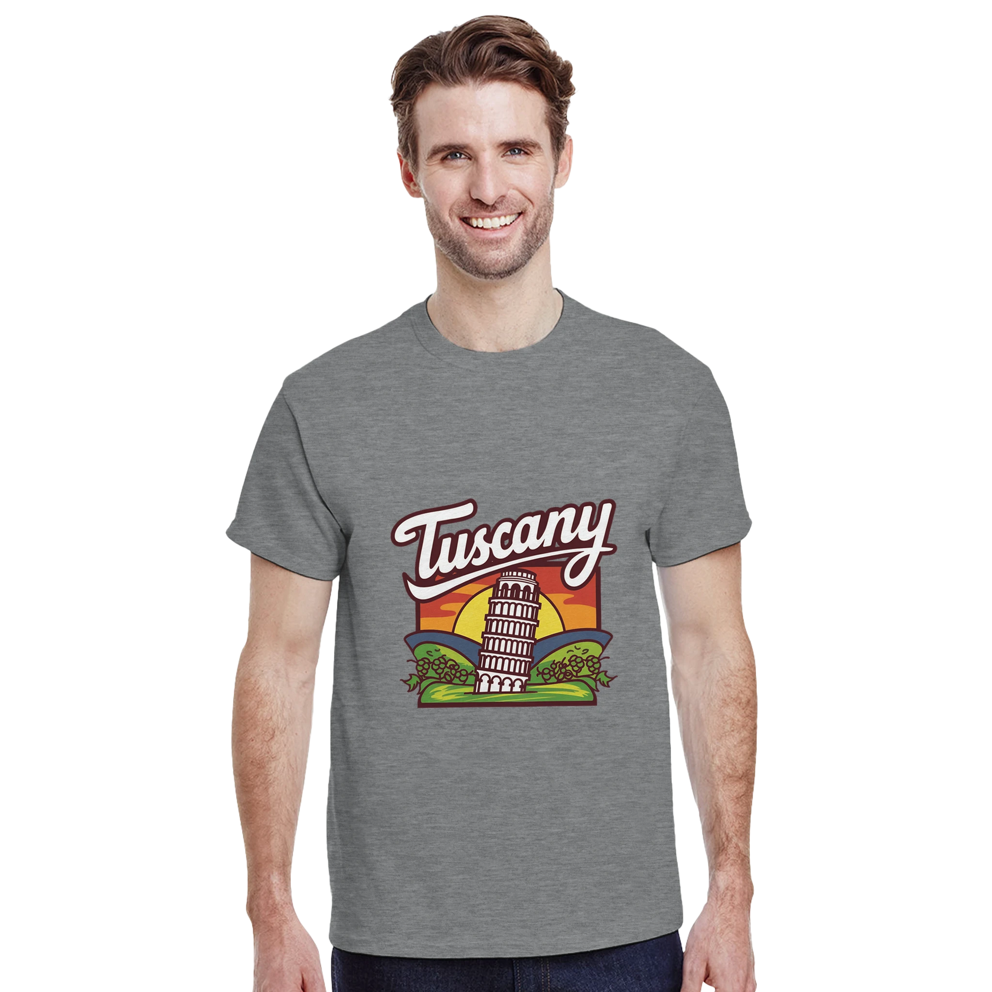 Tuscany Italy Unisex Travel T-Shirt featuring a man perfect for travelers and gift seekers