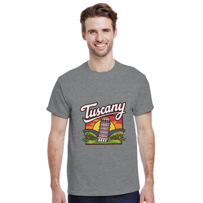 Tuscany Italy Unisex Travel T-Shirt featuring a man perfect for travelers and gift seekers