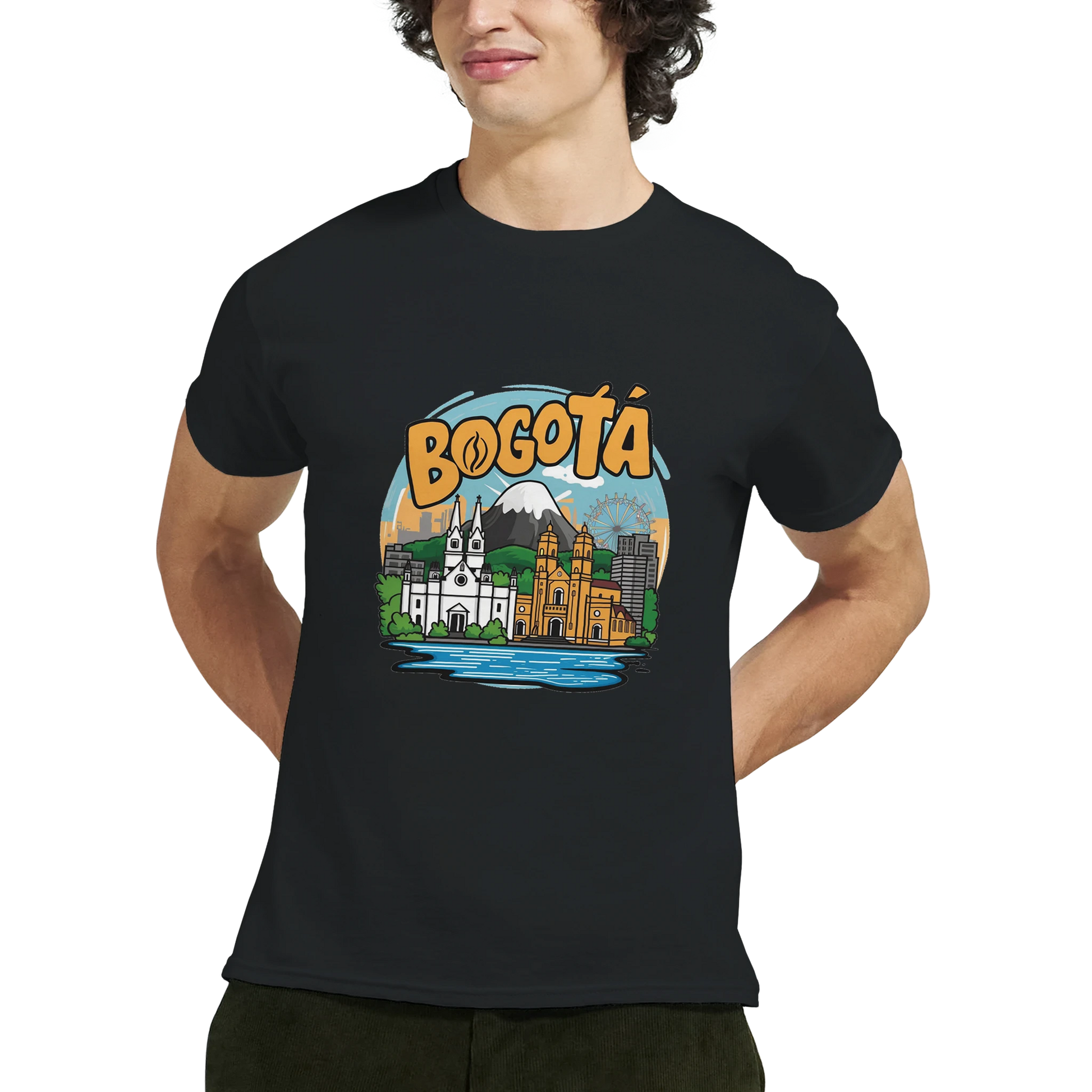 Bogotá Colombia Unisex Travel T-Shirt featuring a man from the front perfect for travelers and gift seekers