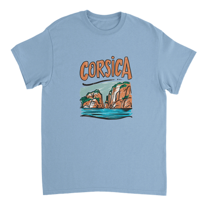 light blue Corsica Unisex Travel T-Shirt perfect for travelers and gift seekers