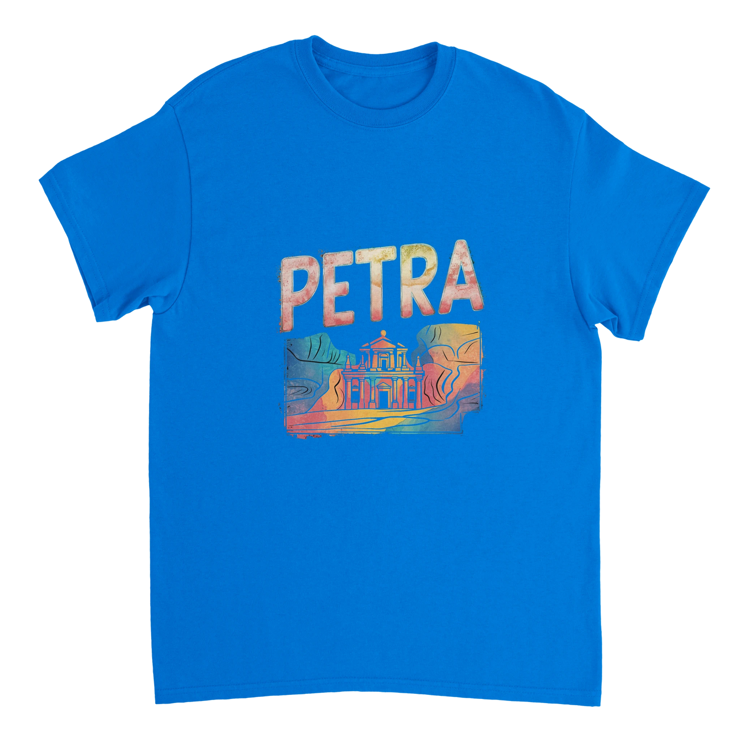 royal blue Petra Jordan Unisex Travel T-Shirt perfect for travelers and gift seekers