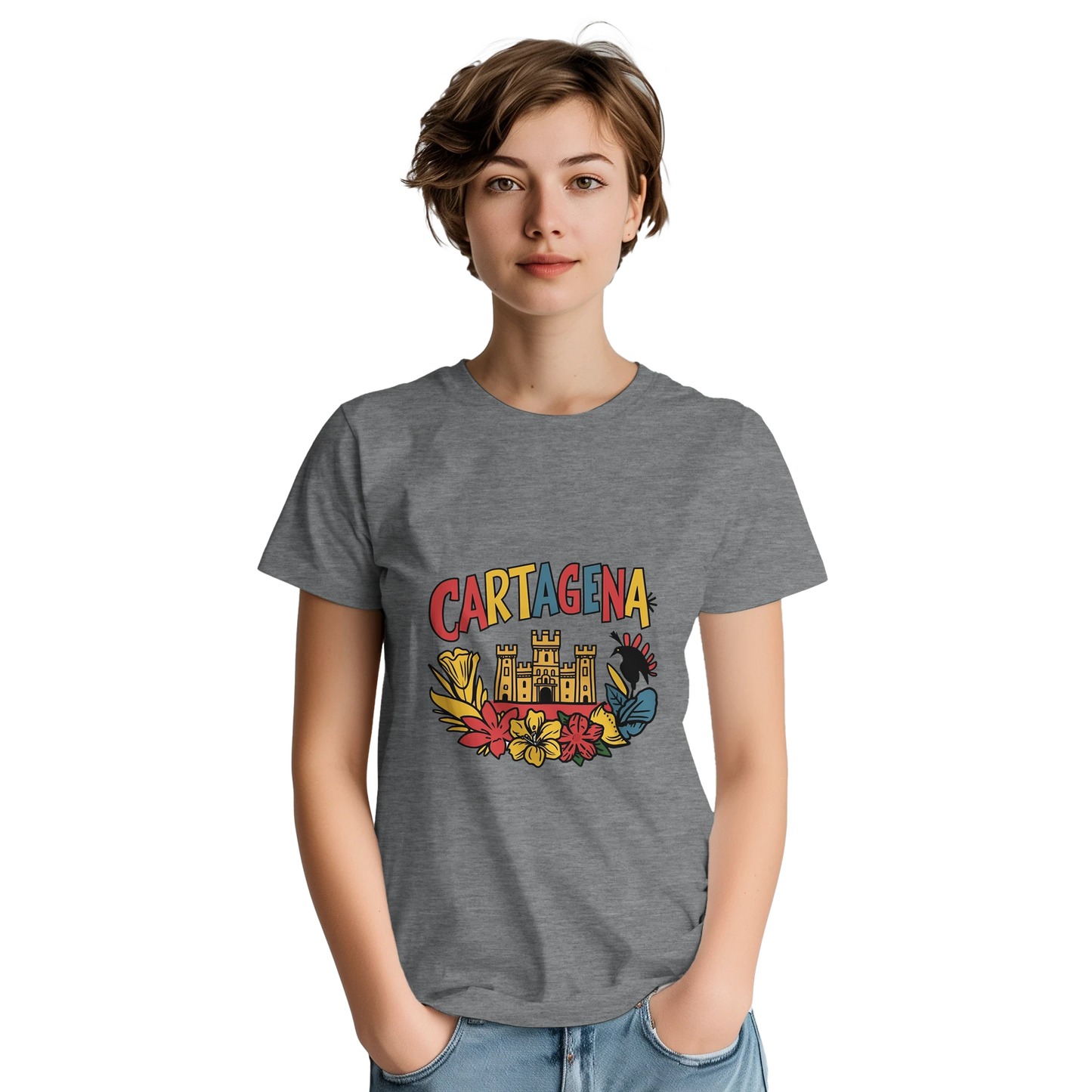 Cartagena Colombia Unisex Travel T-Shirt on wooden background with world map, passport, and boarding pass