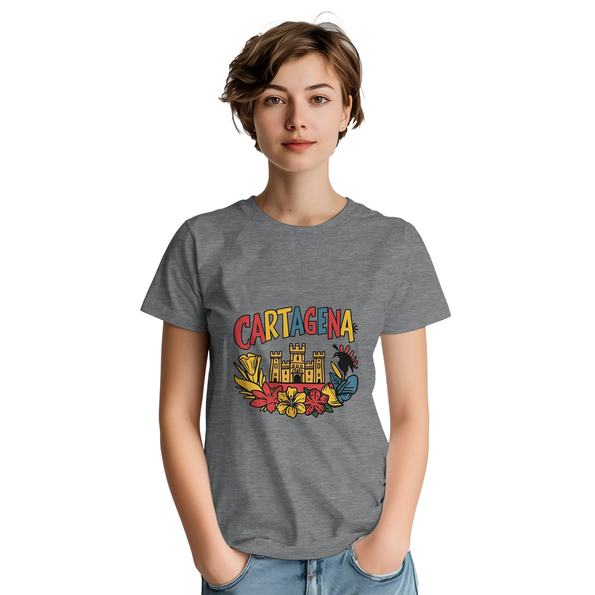 Cartagena Colombia Unisex Travel T-Shirt on wooden background with world map, passport, and boarding pass