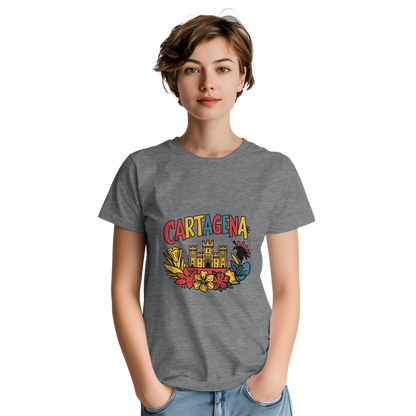 Cartagena Colombia Unisex Travel T-Shirt on wooden background with world map, passport, and boarding pass