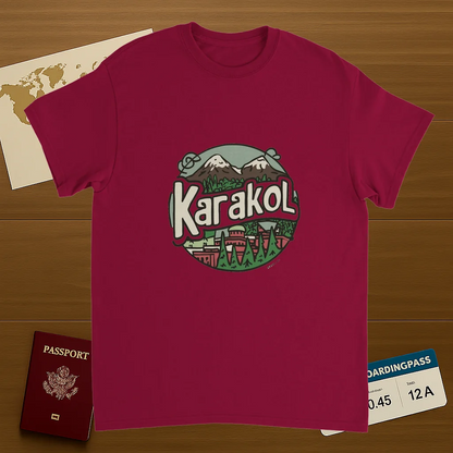 cardinal red Karakol Kyrgyzstan Unisex Travel T-Shirt on wooden background with world map, passport, and boarding pass