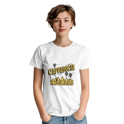 Cappadocia Turkey Unisex Travel T-Shirt on wooden background with world map, passport, and boarding pass