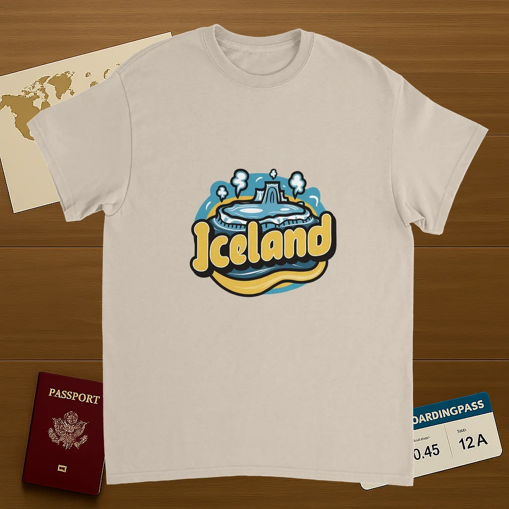 Iceland Unisex Travel T-Shirt on wooden background with world map, passport, and boarding pass
