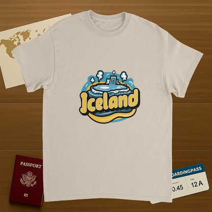 Iceland Unisex Travel T-Shirt on wooden background with world map, passport, and boarding pass