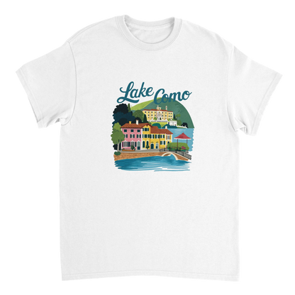 white Lake Como Italy Unisex Travel T-Shirt perfect for travelers and gift seekers