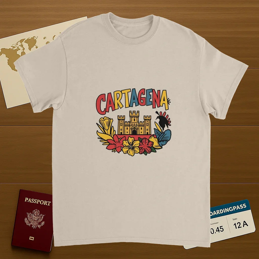 Cartagena Colombia Unisex Travel T-Shirt on wooden background with world map, passport, and boarding pass