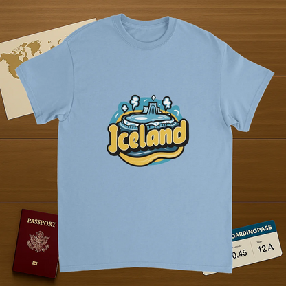 light blue Iceland Unisex Travel T-Shirt on wooden background with world map, passport, and boarding pass