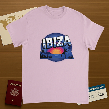 light pink Ibiza Unisex Travel T-Shirt on wooden background with world map, passport, and boarding pass