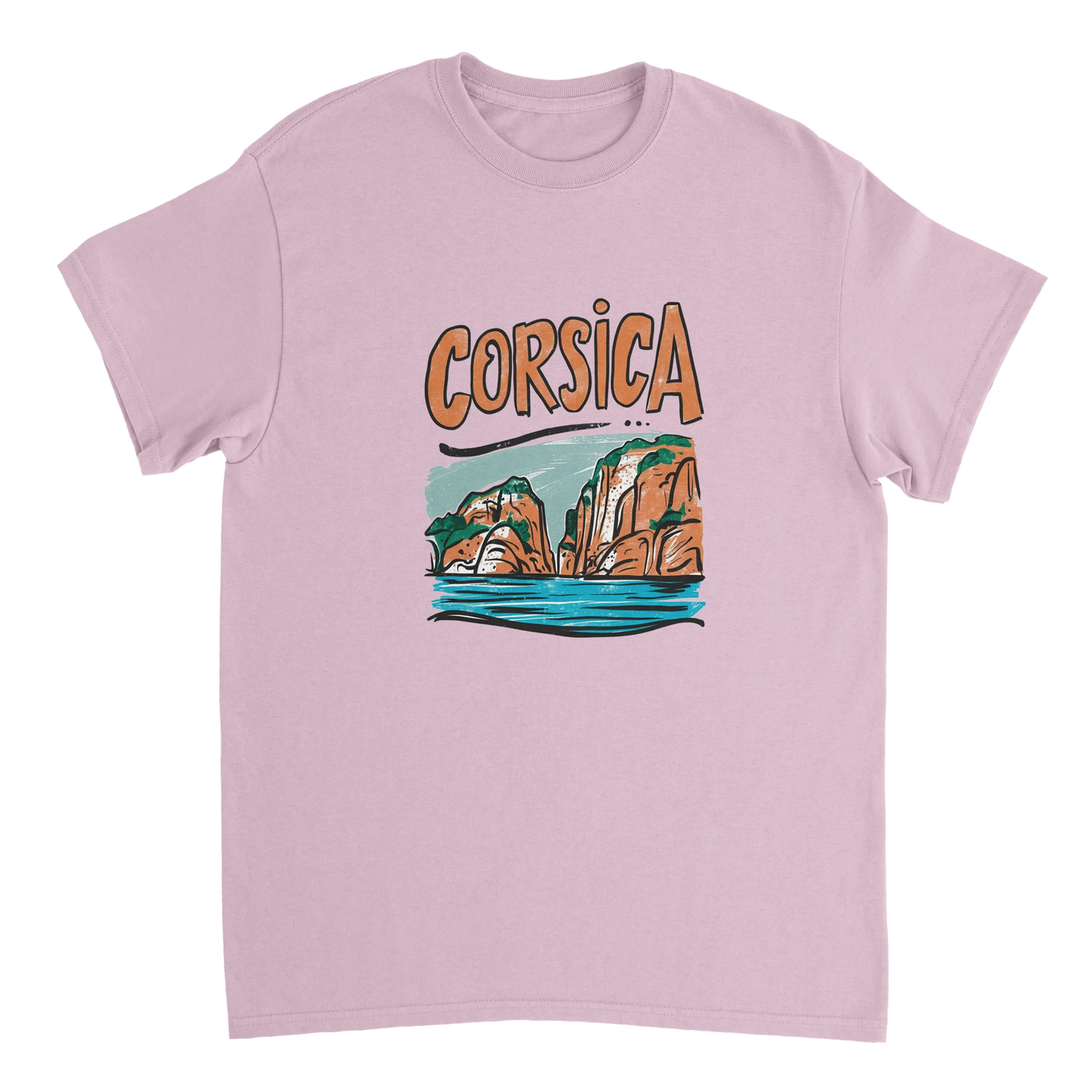 light pink Corsica Unisex Travel T-Shirt perfect for travelers and gift seekers