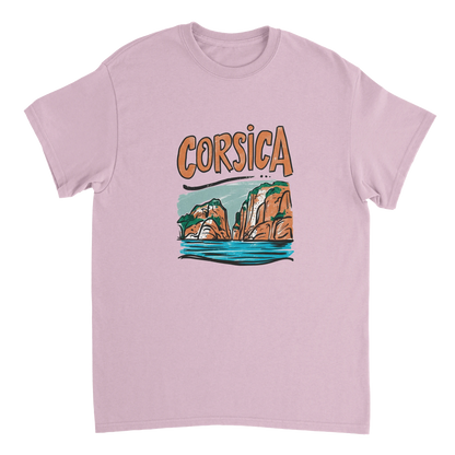 light pink Corsica Unisex Travel T-Shirt perfect for travelers and gift seekers
