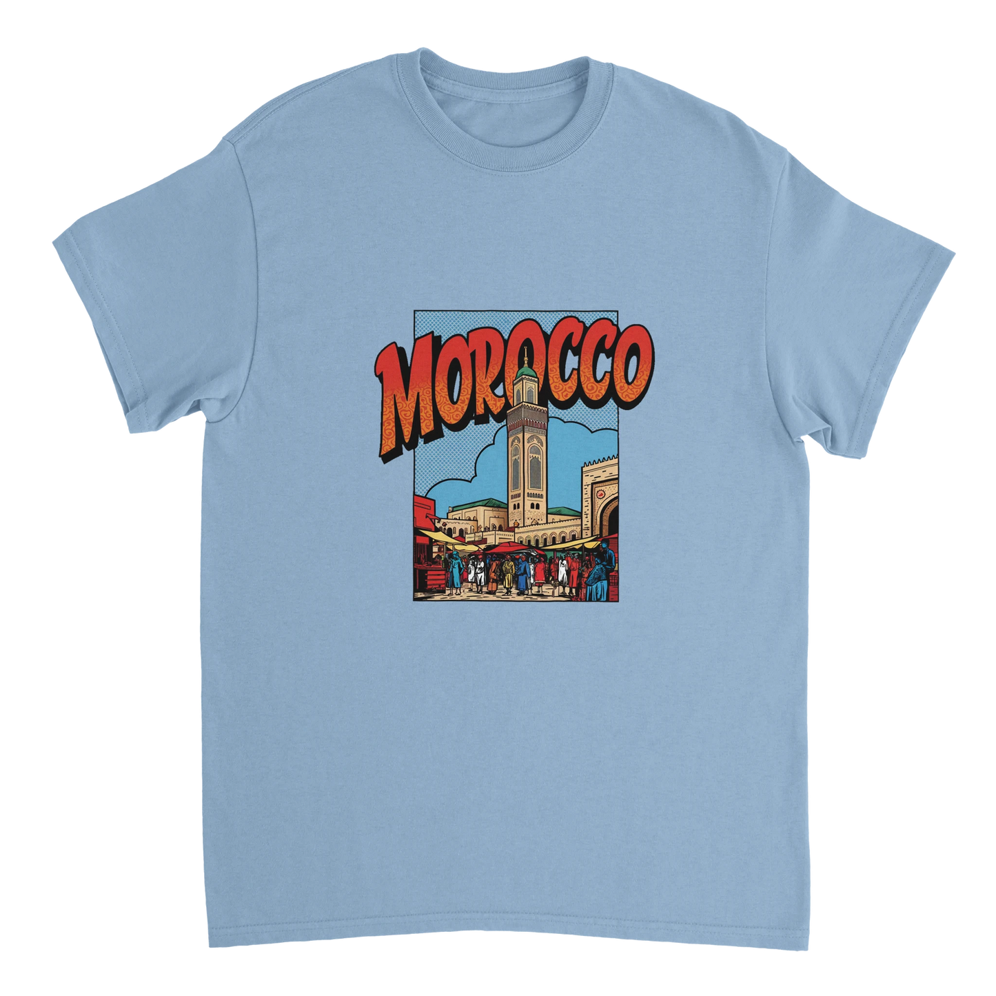 light blue Morocco Unisex Travel T-Shirt perfect for travelers and gift seekers