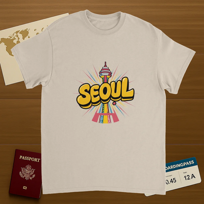 Seoul South Korea Unisex Travel T-Shirt on wooden background with world map, passport, and boarding pass