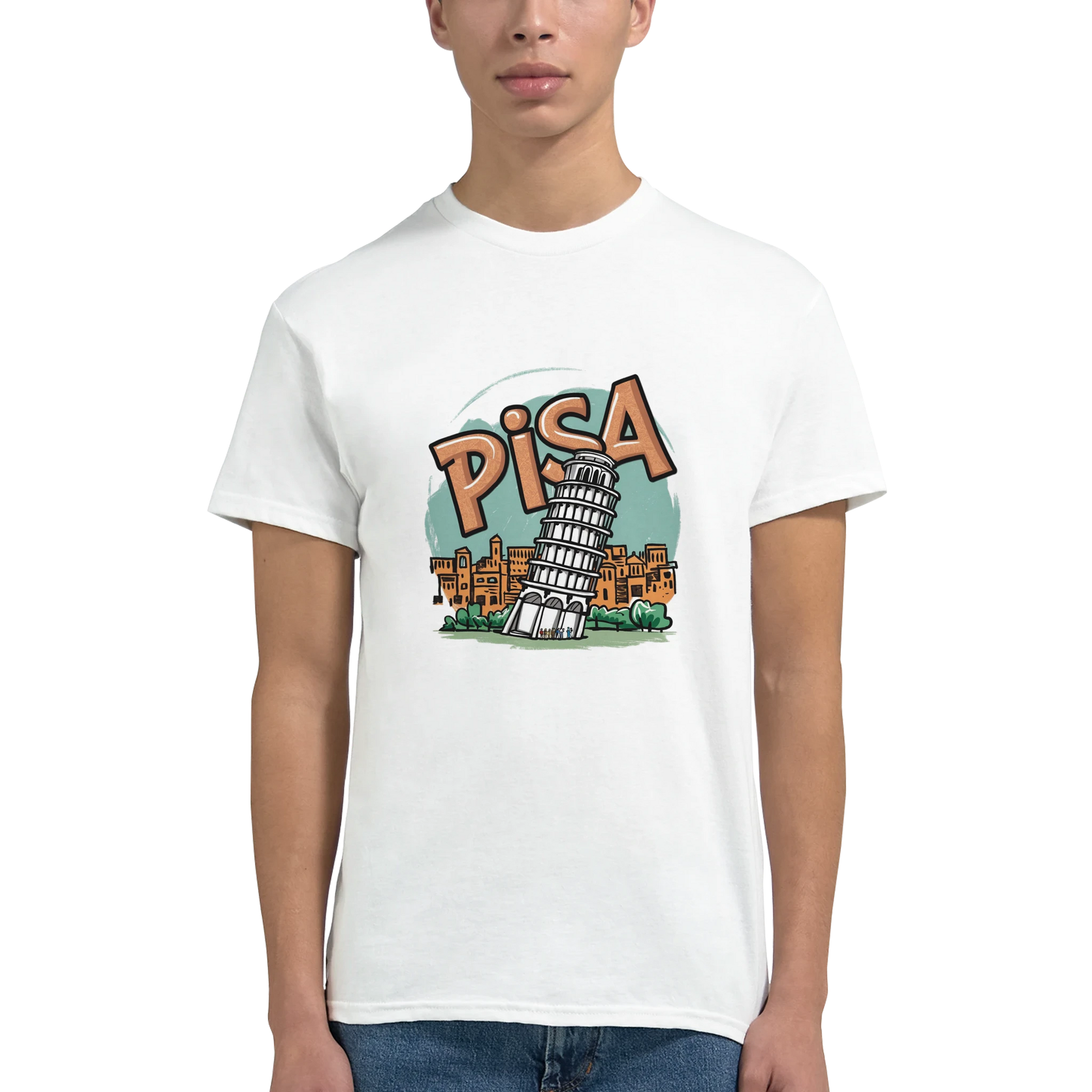 Pisa Italy Unisex Travel T-Shirt featuring a man perfect for travelers and gift seekers
