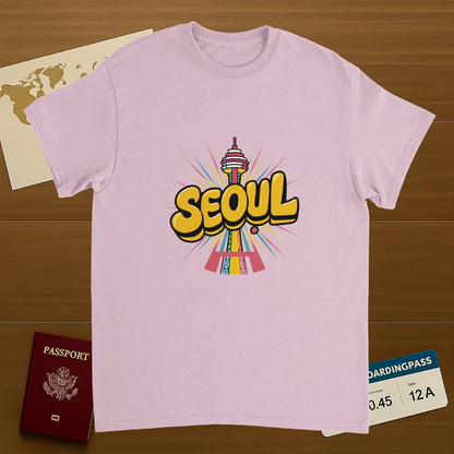 light pink Seoul South Korea Unisex Travel T-Shirt on wooden background with world map, passport, and boarding pass