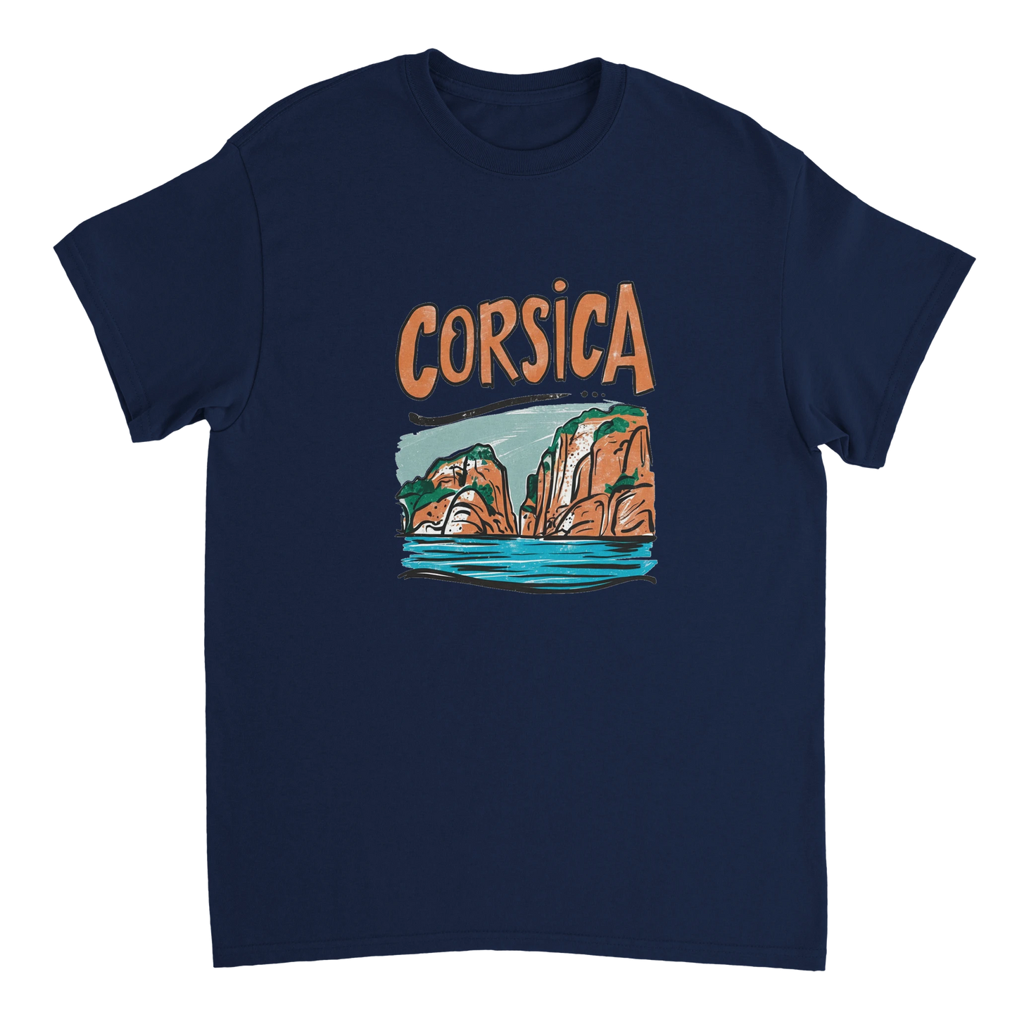 navy Corsica Unisex Travel T-Shirt perfect for travelers and gift seekers