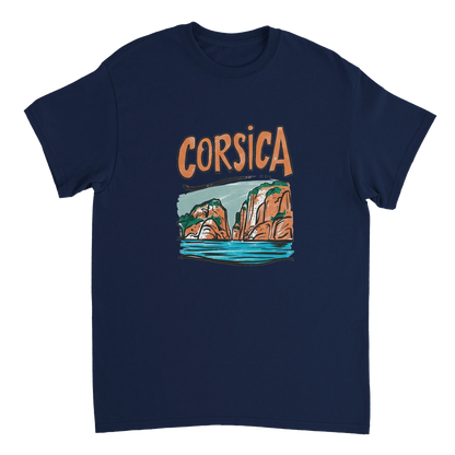navy Corsica Unisex Travel T-Shirt perfect for travelers and gift seekers