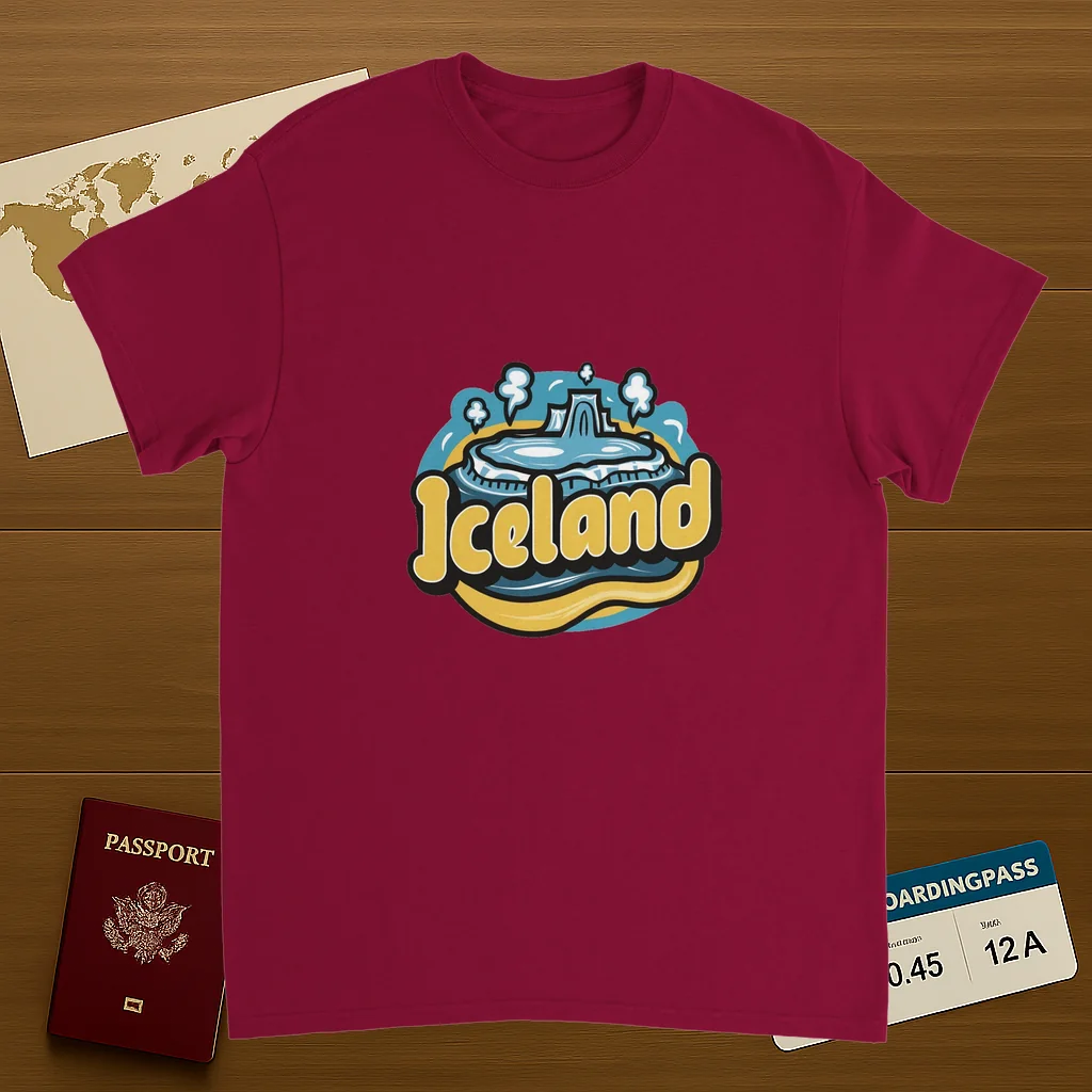 cardinal red Iceland Unisex Travel T-Shirt on wooden background with world map, passport, and boarding pass