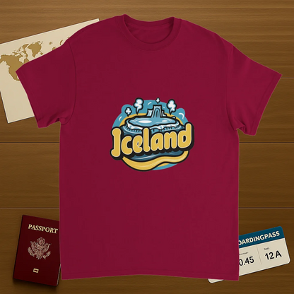 cardinal red Iceland Unisex Travel T-Shirt on wooden background with world map, passport, and boarding pass