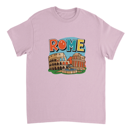 light pink Rome Italy Unisex Travel T-Shirt featuring a man perfect for travelers and gift seekers