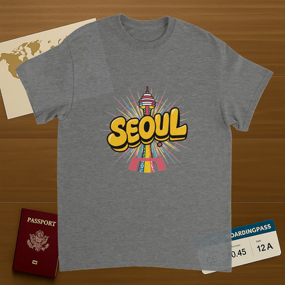 sport grey Seoul South Korea Unisex Travel T-Shirt on wooden background with world map, passport, and boarding pass