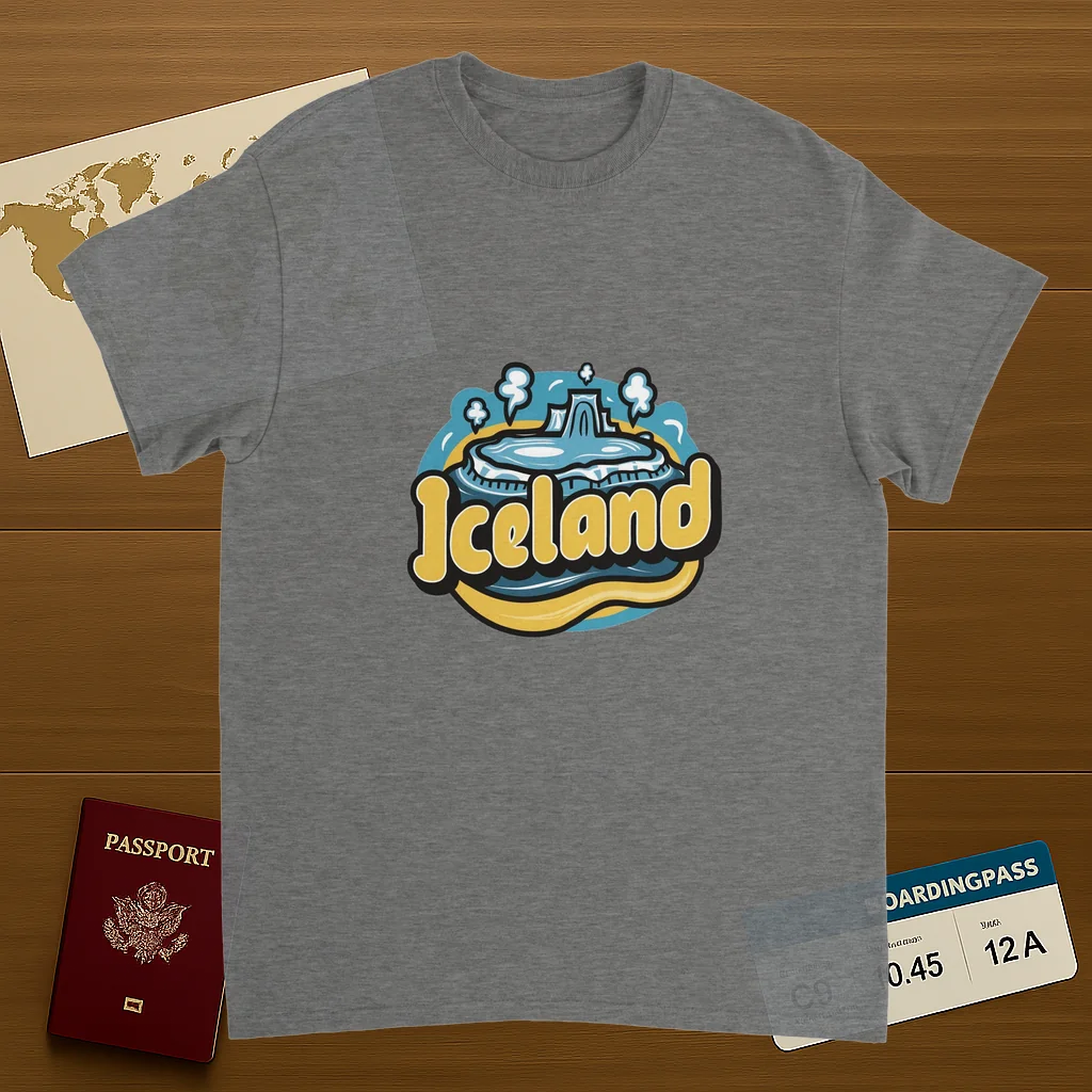 sport grey Iceland Unisex Travel T-Shirt on wooden background with world map, passport, and boarding pass