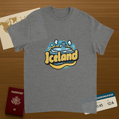 sport grey Iceland Unisex Travel T-Shirt on wooden background with world map, passport, and boarding pass