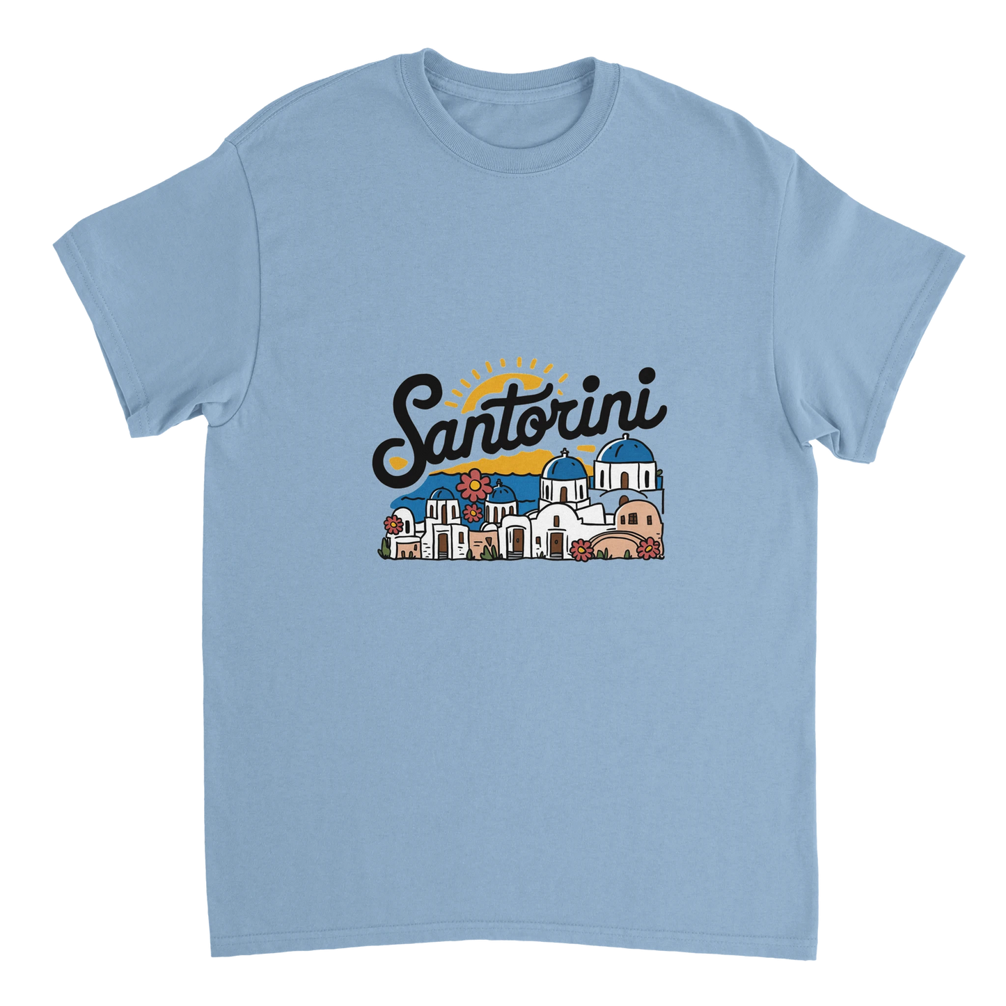 light blue Santorini Greece Unisex Travel T-Shirt perfect for travelers and gift seekers