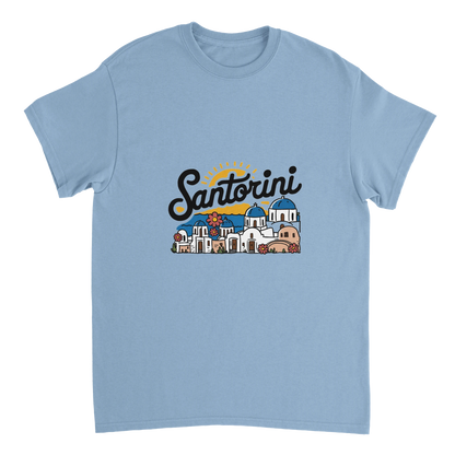 light blue Santorini Greece Unisex Travel T-Shirt perfect for travelers and gift seekers