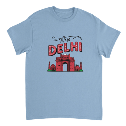 light blue New Delhi India Unisex Travel T-Shirt perfect for travelers and gift seekers