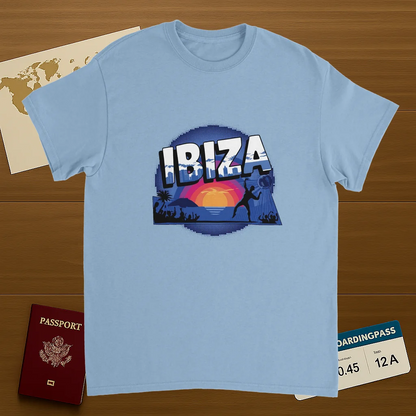 light blue Ibiza Unisex Travel T-Shirt on wooden background with world map, passport, and boarding pass