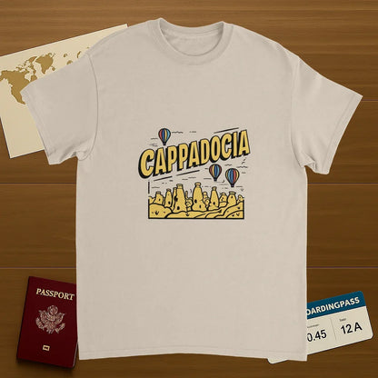 Cappadocia Turkey Unisex Travel T-Shirt on wooden background with world map, passport, and boarding pass