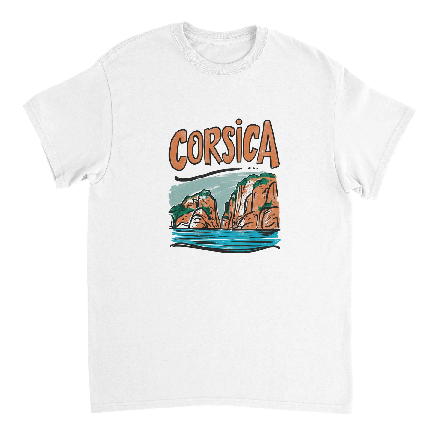 white Corsica Unisex Travel T-Shirt perfect for travelers and gift seekers