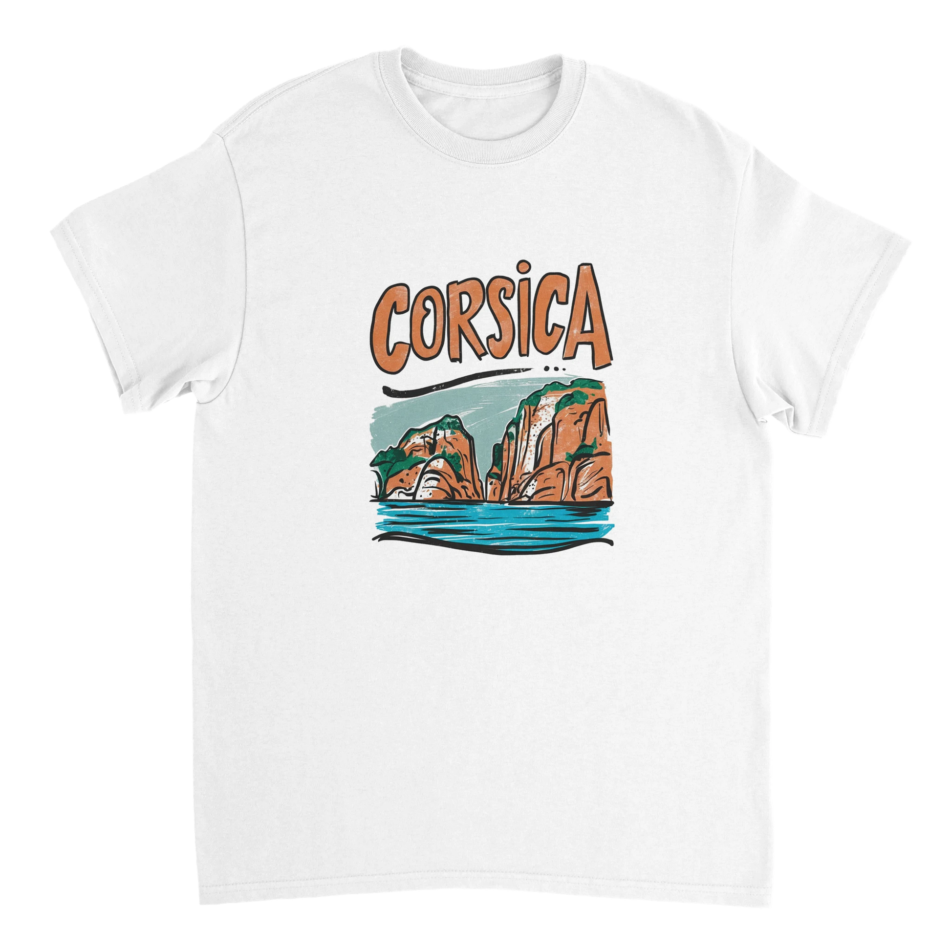 white Corsica Unisex Travel T-Shirt perfect for travelers and gift seekers