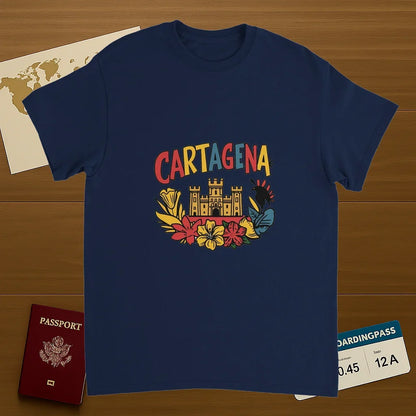 navy Cartagena Colombia Unisex Travel T-Shirt on wooden background with world map, passport, and boarding pass