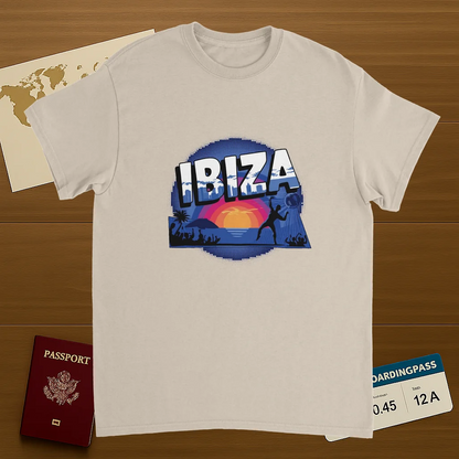Ibiza Unisex Travel T-Shirt on wooden background with world map, passport, and boarding pass