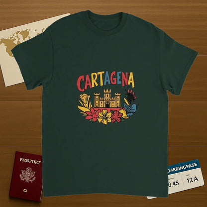 forest green Cartagena Colombia Unisex Travel T-Shirt on wooden background with world map, passport, and boarding pass