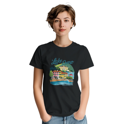 Lake Como Italy Unisex Travel T-Shirt featuring a person from the front perfect for travelers and gift seekers