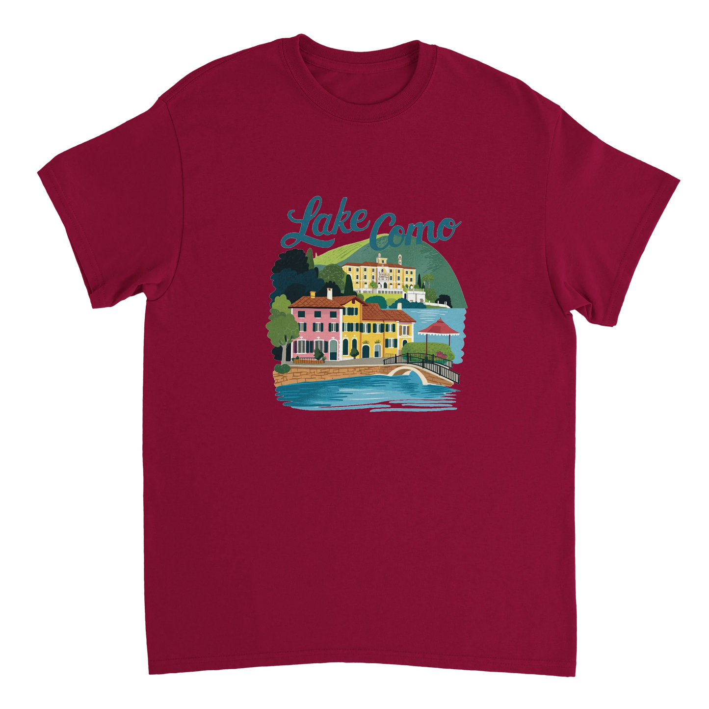 cardinal red Lake Como Italy Unisex Travel T-Shirt perfect for travelers and gift seekers