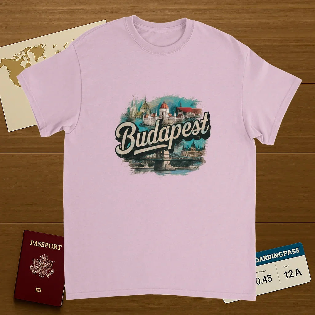light pink Budapest Hungary Unisex Travel T-Shirt on wooden background with world map, passport, and boarding pass
