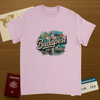 light pink Budapest Hungary Unisex Travel T-Shirt on wooden background with world map, passport, and boarding pass