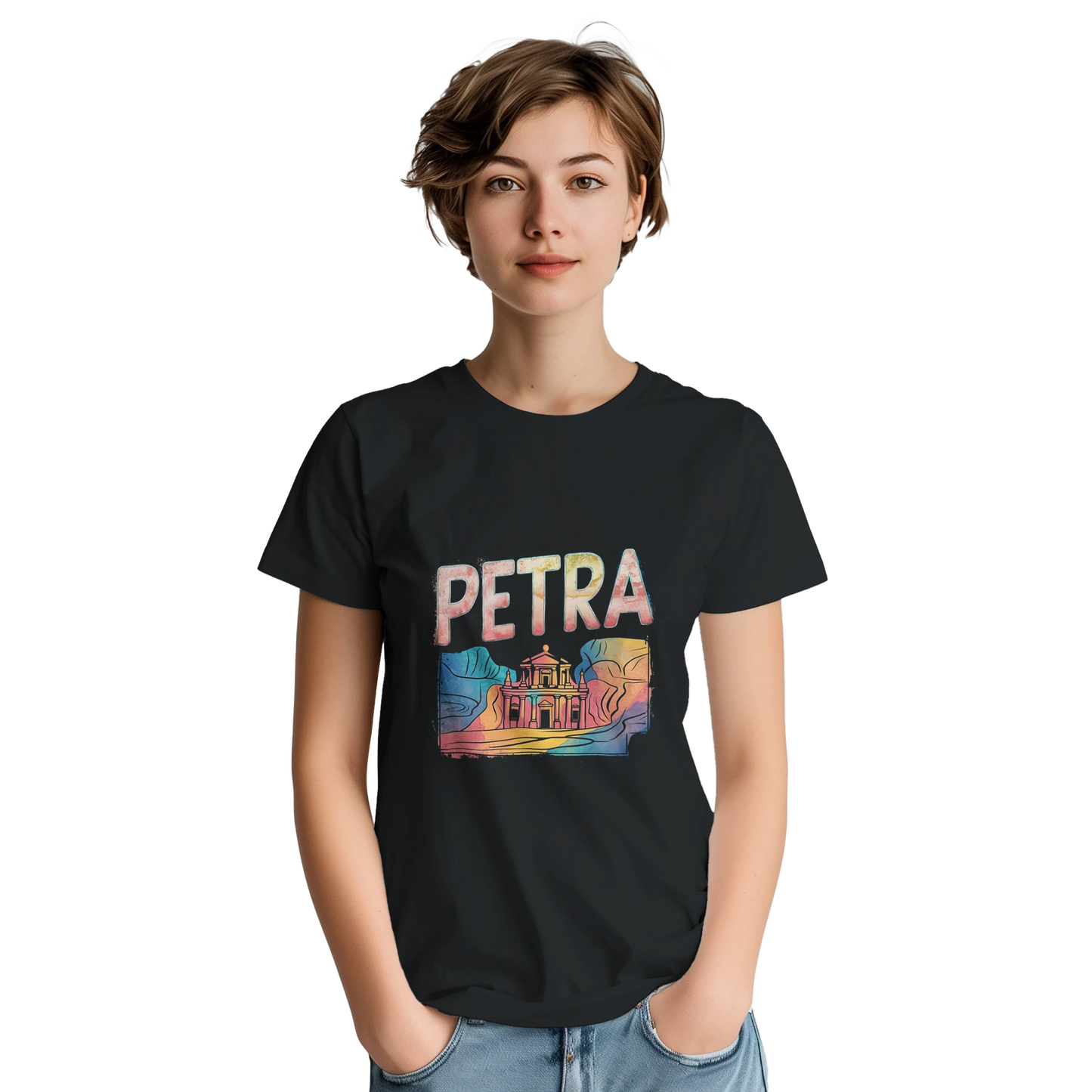 Petra Jordan Unisex Travel T-Shirt featuring a person perfect for travelers and gift seekers